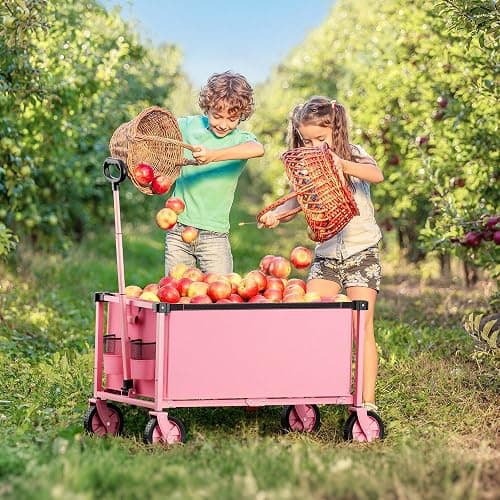Hombetta Collapsible Wagon Cart with Wheels, 150L Lightweight Foldable Utility Cart, Portable Rolling Wagon for Garden, Shopping, Sports, Camping, Transport, Pink thumbnail 8