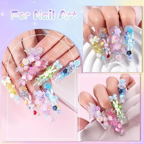 1500Pcs 3D Nail Charms for Acrylic Nails, Resin Butterfly Flower Star Heart Bow Charms Flatback Pearls Rhinestone Metal Gems Charm for Nail Art Design DIY Crafts (1500Pcs-Color) thumbnail 8
