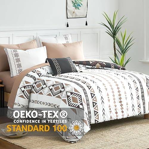 King Size Comforter Set - 7 Pieces Western Bedding Reversible Bed in a Bag | Boho Bedding, All Season Aztec Bed Set with Comforter, Sheets, Pillowcases & Shams, Brown thumbnail 3