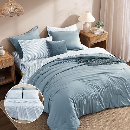 Monbix Queen Comforter Set - 7 Pieces Dusty Blue Prewashed Bed in a Bag Queen Bedding Sets with Comforters, All Seasons Ultra Soft Comforter Bed Set with Sheets,Pillowcases & Shams thumbnail 4