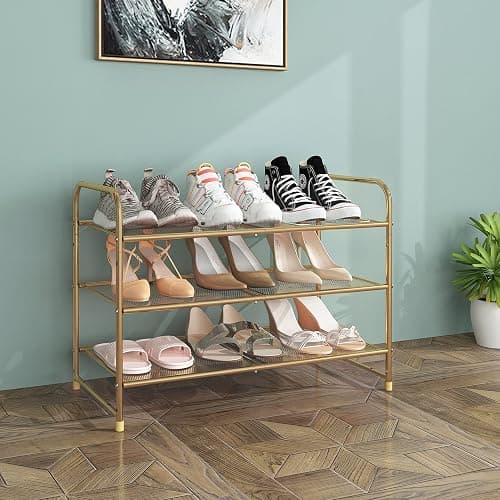 Simple Trending 3-Tier Stackable Shoe Rack, Expandable & Adjustable Shoe Shelf Storage Organizer, Metal Mesh, Gold thumbnail 2