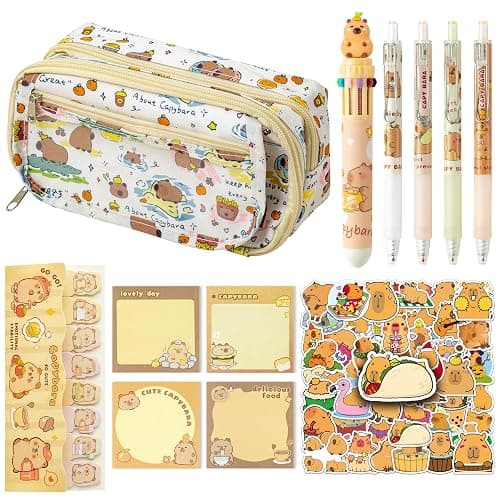 GwaOery Capybara Pencil Case Multi-Layer Stationery Set Multifunctional Pencil Pouch Large Capacity Case with Zip Include Capybara Pens Stickers Sticky Notes for Office Kids Students School Supplies - Image 1