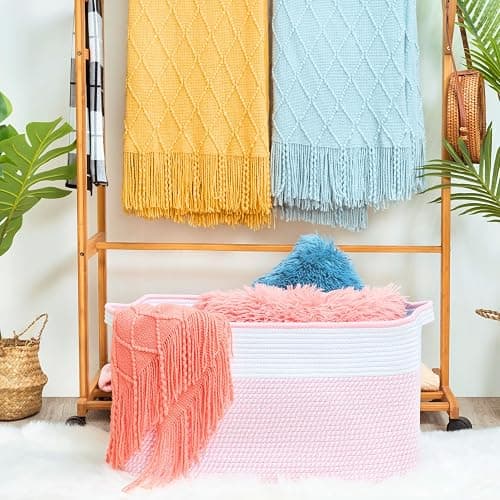 MINTWOOD Design 22in Extra Large Blanket Basket Holder Living Room, Rectangle Rope Woven Storage Basket with Handles for Laundry, Pool Towels, and Shoes, Dog Toy Organizer Bin Box, Light Pink thumbnail 2
