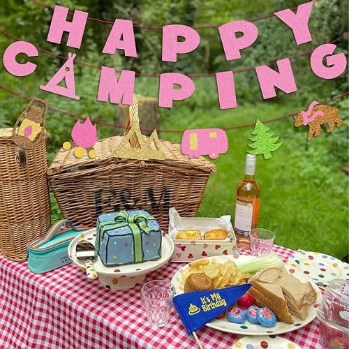 Kristin Paradise Happy Camping Banner, Glamping Party Sign Decorations for Girl, Pink Camper Theme Supplies, Camp Birthday Themed Decor thumbnail 4