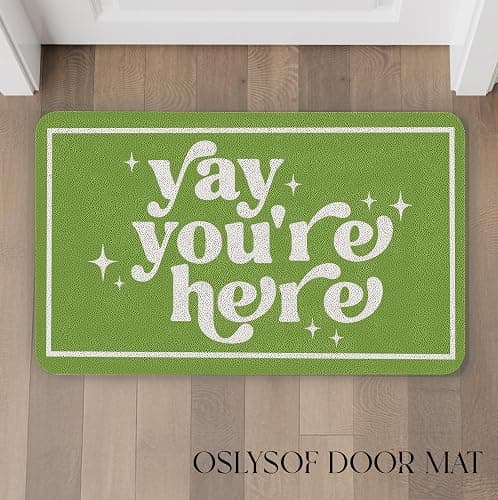 OSLYSOF Funny Green Door Mat, Yay You're Here Doormat for Front Door Indoor Outdoor Porch Entrance Entryway, Funny Welcome Mat Outside, 17x30 Inches thumbnail 2