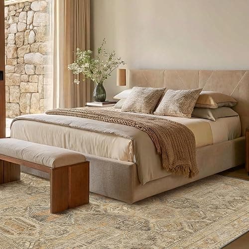 Bavni Washable Rug 8x10 Area Rug for Living Room Bedroom Dining, Washable Vintage Print Carpet, Ultra-Thin Low Pile Lightweight Rug with Non Slip Backing, Light Brown thumbnail 4