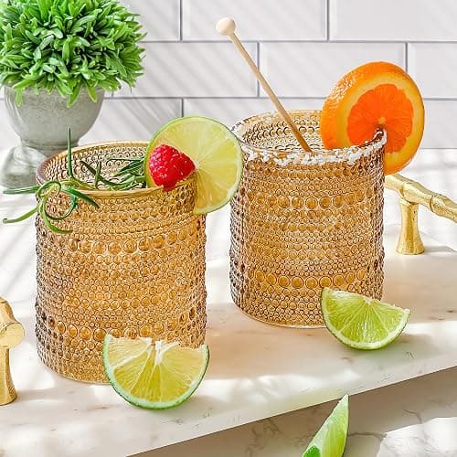 Kate Aspen Beaded Amber Drinking Glasses Set of 6-10 oz Vintage Glassware Set Jupiter Glasses, Cocktail Glass Set, Juice Glass, Water Cups Hostess Gift, Present, Gift for Newlyweds thumbnail 2