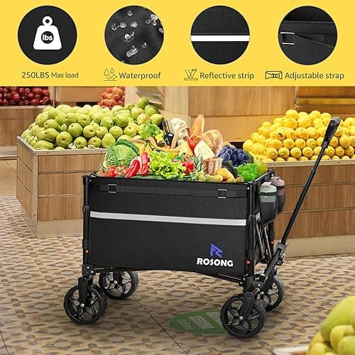 ROSONG Collapsible Wagon Cart with Wheels Foldable - Folding Utility Heavy Duty Wagons Carts for Grocery Sports Garden Shopping Camping - Black - 120L thumbnail 4