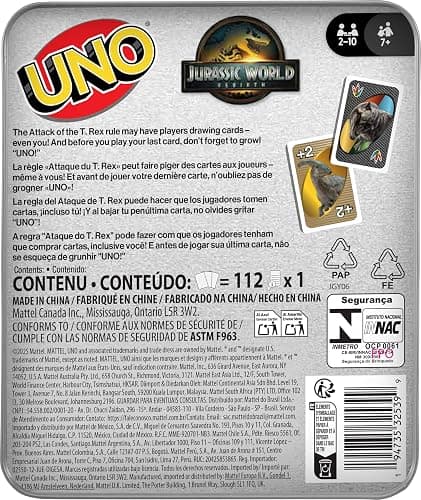 Mattel Games UNO Jurassic World Rebirth Card Game in a Collectible Tin for Kids, Adults & Family with Special Rule & Images Inspired by The Movie thumbnail 6