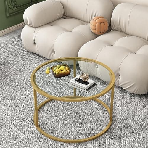 Glass Coffee Table,Round Gold Coffee Table for Small Space,27" Modern Center Table,Glass Top Clear Coffee Table with Sturdy Metal Frame for for Living Room Home Office, Easy Assembly thumbnail 5