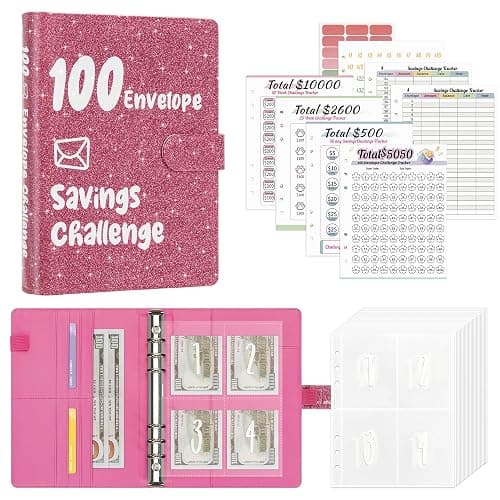 Ospelelf 100 Envelopes Money Saving Challenge Book 52 Week Budget Binder with Cash Envelopes to Save $10,000, Glitter Pink - Image 1