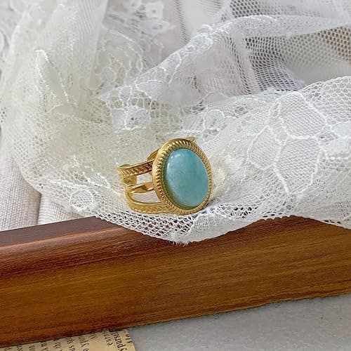 Dikixe Boho Western Turquoise Ring, Oval Turquoise Gemstone December Birthstone Open Adjustable Statement Ring, Gold Plated Stainless Steel Stackable Rings for Women thumbnail 5
