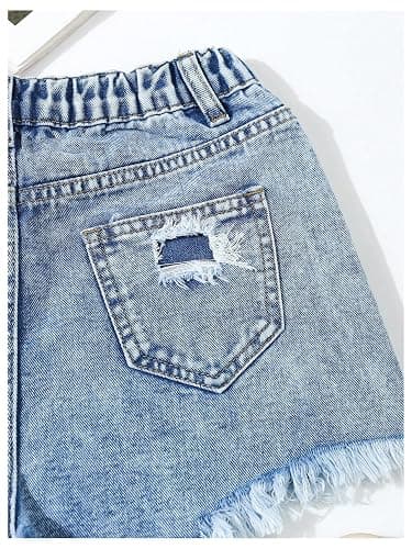 Floerns Girl's Ripped Raw Hem Elastic Waist Straight Leg Denim Shorts with Pockets thumbnail 5