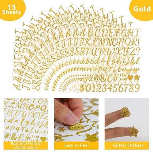 1245Pcs Letter Stickers 15 Sheets Alphabet Stickers Vinyl Gold Sticker Letters 1Inch Self-Adhesive Glitter Number ABC Stickers for Scrapbook Water Bottles Graduation Cap Crafts Mailbox Sign (Gold) thumbnail 4