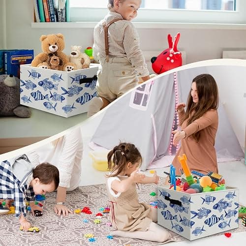 JUIOEIU Blue Fish Beach Coastal Foldable Storage Bins Box with Handles, Watercolor Ocean Animals Fish Beachy Collapsible Organizer Basket for Beach Bedroom Bathroom Clothes Toys Books thumbnail 4