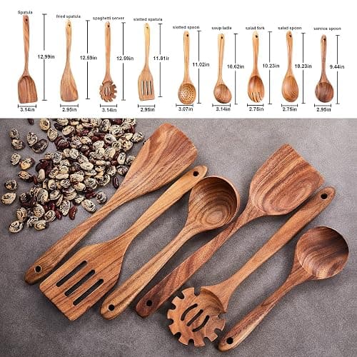 Wooden Kitchen Utensils Set,GUDAMAYE 9 PCE Natural Teak Wooden Spoons For Non-stick Pan for Cooking, thumbnail 4
