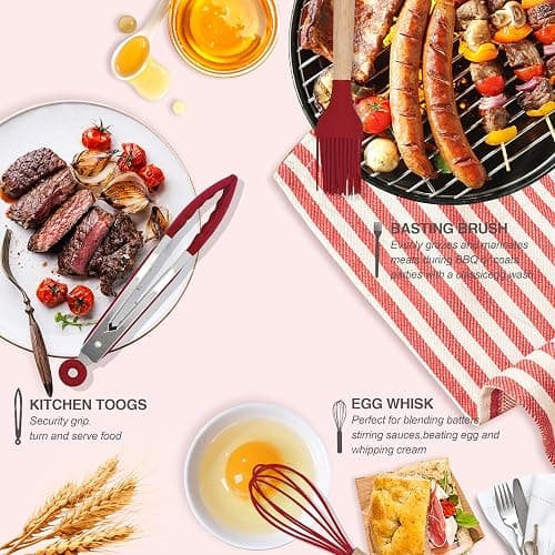 Kitchen Utensils Set 12 Pieces Nonstick Silicone Cooking Utensils Wood Handle Silicone Cooking Utensils Set with Holder Dishwasher Safe BPA Free(red) thumbnail 7