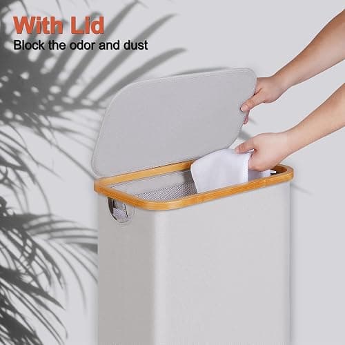 efluky Slim Laundry Basket with Lid, Narrow Laundry Hamper with Removable Bag, Skinny Dirty Clothes Basket with Bamboo Handles for Bathroom, Bedroom & Laundry Room, 75L Light Grey thumbnail 4