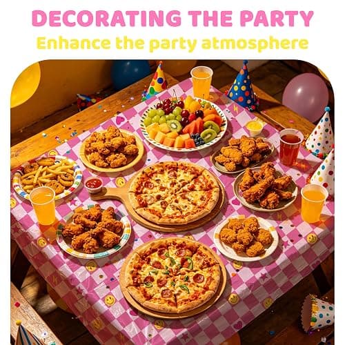 2Pcs Preppy Party Tablecloths Retro Smile Face Lightning Heart Star Table Cover Pink White Checkered Disposable Plastic Tableware for Y2K Groovy Birthday Baby Shower Party Table Decor Supplies thumbnail 6