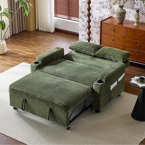 VINGLI Green Futon Sofa Bed Convertible Loveseat Sleeper Sofa Couch, Corduroy Pullout Sofa Fold Out Couch Bed with USB Ports, Cup Holders, Armrest for Living Room, Bedroom Apartment Room thumbnail 8