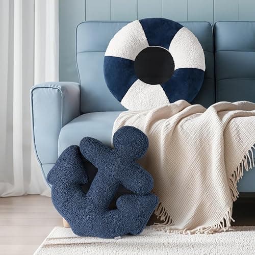 AELS 3D Anchor & Lifebuoy Nautical Decorative Throw Pillows, 19.6"& 15.7" Set of 2, Coastal Decor for Beach Enthusiasts Beach House, Sofa Couch Living Room Bedroom and Nursery, Navy Blue and White thumbnail 6