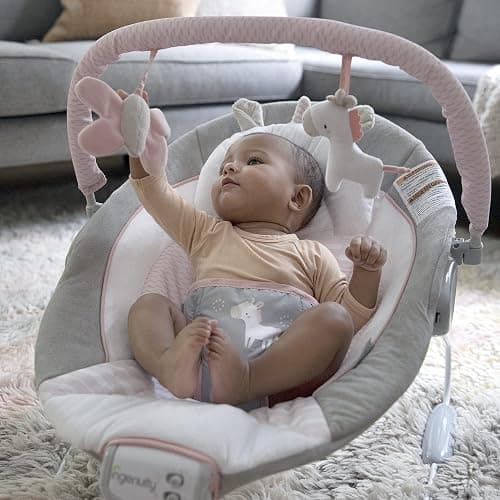 Ingenuity Soothing Baby Bouncer Infant Seat with Vibrations, -Toy Bar & Sounds, 0-6 Months Up to 20 lbs (Pink Flora the Unicorn) - Flora the Unicorn thumbnail 2