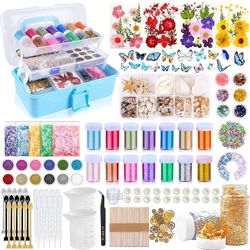 Myzzxt Resin Decoration Accessories Kit,Supplies Kit for Beginner,with Dried Flowers,Butterfly Stickers,Mica Powder and Fillers,Measuring Cups Tool Kit,for Resin Jewelry Making - Image 1