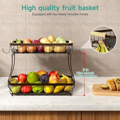 Sevenblue 2 Tier Fruit Basket for Kitchen Counter with 2 Banana Hangers, 2025 Pro Detachable Metal Fruit Bowl with Wooden Handle,Fruit Holder for Bread Snack Veggies, Brown thumbnail 3