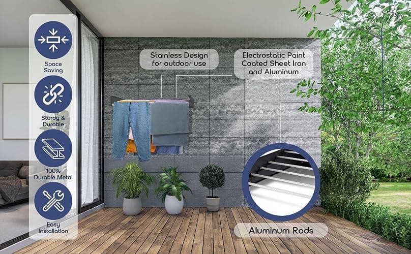 HYK Wall Mounted Clothes Airer - Foldable Clothes Drying Rack - 35kg Capacity - Indoor & Outdoor Use Easy to Install - Retractable Drying Rack for Laundry, Bedroom, Garden (WHITE, 70 CM) thumbnail 8