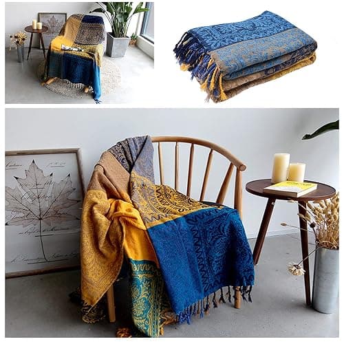 Edcooy Bohemian Throw Blanket for Couch，Colorful Chenille Tassels Boho Woven Hippie Throw Blankets for Couch Bed Sofa Chair Recliner Loveseat, Bohemian Fringe Tassels Decor Home(Blue, S:60x75) thumbnail 5