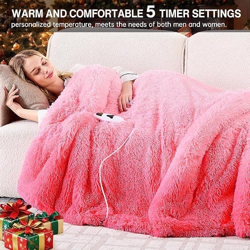 RUJIPO Heated Electric Blanket Heating Throw,Warm Winter Christmas Birthday Gifts for Her Women Grandma Seniors-Faux Fur Blanket with Soft Sherpa,10 Heat Settings,5 Time Settings,50x60, Baby Pink thumbnail 2