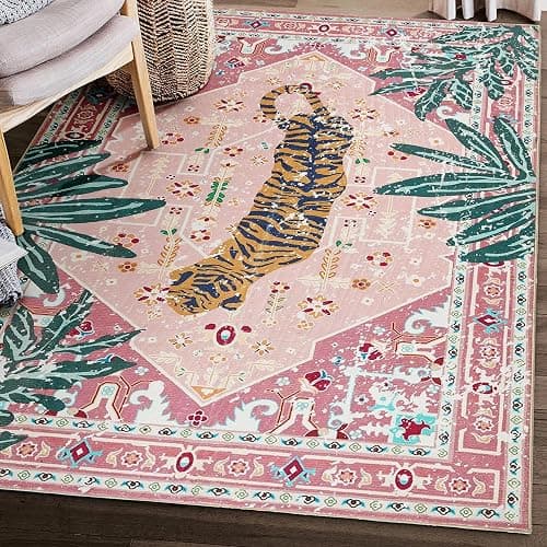 Aldopein Washable Pink Rugs Boho Vintage Tropical Jungle 5x7 Area Rugs Jungle Oriental Carpet for Bedroom Kitchen Dining Living Room Office Distressed Indoor Cute Nursery Rug - Image 1