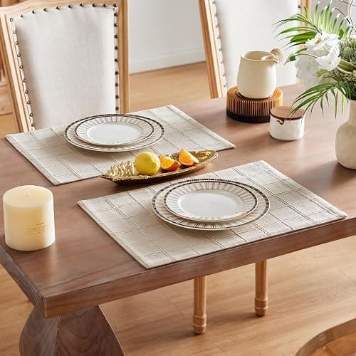 ZeeMart Linen Checked Placemats Set of 6, Plaid Embroidery Textured Table Mats, Double Layer Thick Farmhouse Rustic Place Mats for Kitchen Dining Table Home Decor, Beige 13x19 Inch thumbnail 4