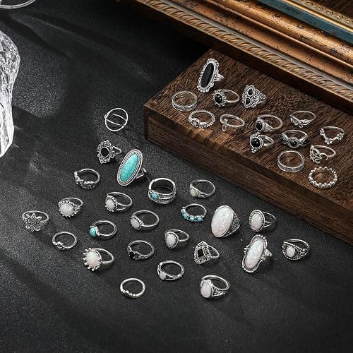 Mixcbe Vintage Silver Knuckle Rings Set for Women Western Turquoise Rings Bohemian Midi Ring Bulk, Chunky Rings,Retro Stone Crystal Stackable Joint Finger Ring Pack thumbnail 4