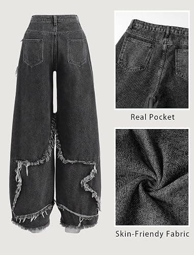 Peakpride Y2K Baggy Jeans for Women Girls Star Patchwork Wide Leg Raw Hem Denim Pants Hip Hop Streetwear Preppy Clothes thumbnail 4