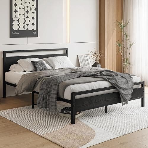 HOJINLINERO Queen Bed Frame with Wood Headboard,Metal Platform Bed Frame Queen Size with Storage No Box Spring Needed,Heavy Duty Queen Size Bed Frame Metal Slats Support Mattress Base No Noise,Black thumbnail 3