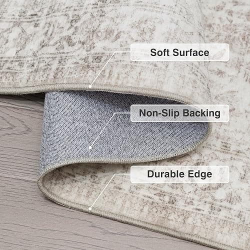 Fmfunctex 8x10 Washable Beige Neutral Vintage Large Living Room Area Rug | Non Slip Low Pile Soft Indoor Tapis Salon Throw Carpet Distressed Farmhouse Retro Floral Pattern Dining Room Bedroom Nursery thumbnail 8