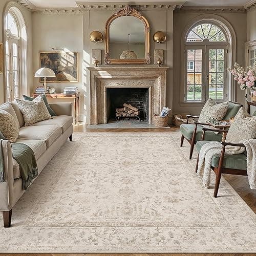 WondRg 8x10 Beige Neutral Living Room Area Rug | Washable, Low Pile, Accent, Vintage, Soft, Non Slip, Carpet for Bedroom Dining Room Nursery Office Indoor Home Decor - Image 1
