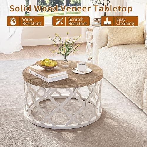 Farmhouse Coffee Table, French Country Round Coffee Table, Coastal Coffee Table with Distressed Top, Boho Center Table with Curved Motif Frame Base for Living Room, Dining Room, Bedroom, Cream Beige thumbnail 3