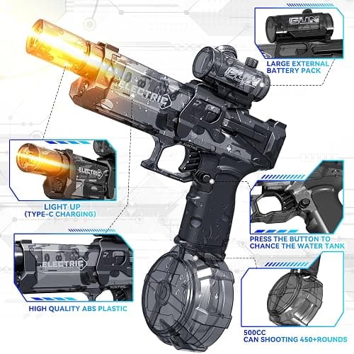 2 Pack Electric Water Guns with Light Up,Full Automatic Electric Squirt Gun 28-32 FT Range Water Pistol Blaster Soaker,Summer Outdoor Pool,Water Toy for Adult&Kid thumbnail 4