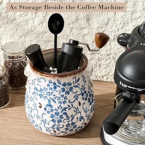 Utensil Holder for Kitchen Counter, Modern Farmhouse Rustic Cooking Utensil Holder and Crock, Exquisite Chinoiserie Floral Ceramic Utensil Organizer for Home Kitchen Decor- Blue and White Porcelain thumbnail 8