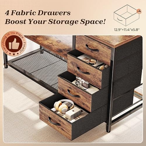 PRAISUN 61" L Shaped Desk with Power Outlets and USB-C Port, Reversible Computer Corner Office Desk with 4 Fabric Drawers and 2 Height-Adjustable Shelves, Large for Gaming Writing Study, Rustic Brown thumbnail 7