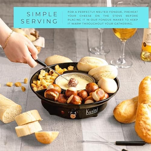Kusini Electric Fondue Pot Set - Chocolate Fondue Kit - Temperature Control, Detachable Serving Trays, & 4 Roasting Forks - Gift Set & Date Night Idea. Serve at Movie Night or Game Night. thumbnail 6