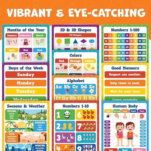 Educational Learning Posters for Toddlers 1-3 - 20pc Classroom Toddler Learning Posters - 16” x 11” Classroom Decor, Back to School Teacher Supplies - Kindergarten Preschool Classroom Must Haves thumbnail 2