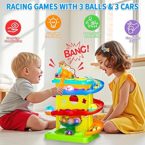 Funwee 2-in-1 Rolling Ball & Racing Car Ramp Toy for Toddlers, Race Track Hammer Lights Ball Drop, Interactive Montessori Learning Game Birthday Gift Idea for Kids 1 2 3 4 5+Year Old Girl Boy(Yellow) thumbnail 5