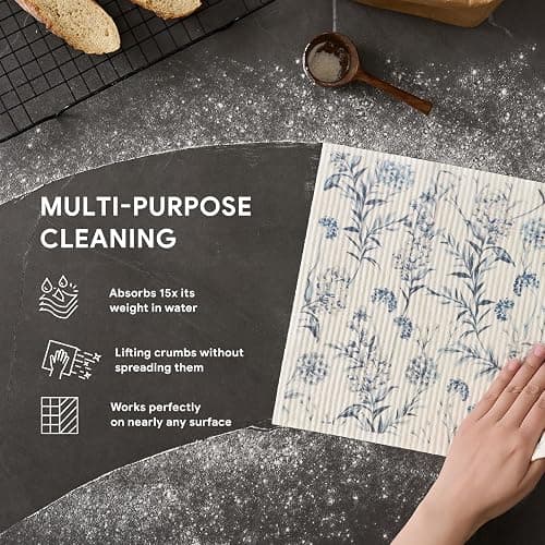 RECYCO Swedish Dishcloths for Kitchen | 4 Pack Oversized Washable Dish Rags | Large Cellulose Reusable Cleaning Paper Towels | Absorbent Counter Dish Cloth Sponge XL Kitchen Wipes, 12" L x 10" W thumbnail 5