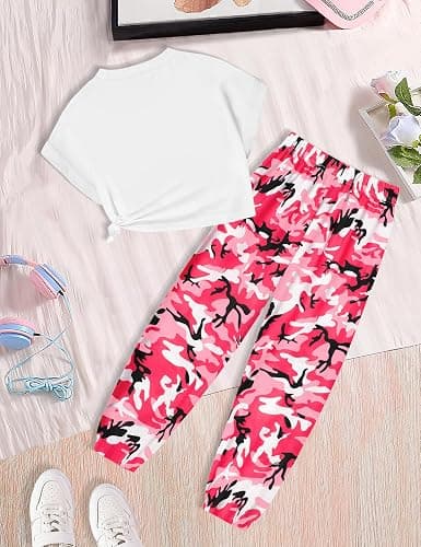 CRISONE Girls 2 Piece Outfits Kids Clothes Cute Cool Girl Crop Tops + Camouflage Pants Summer Clothing Sets - 7-8 Years - Pink & Red thumbnail 5