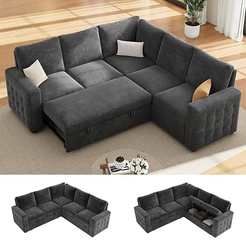 86" Sectional Sleeper Sofa Bed, Sleeper Couch with Pull out Bed, L Shaped Couch with Storage, Modular Sectional Sofa， Sectional Couches for Living Room&Apartment, Convertible Sofas, Gray Couches - Image 1