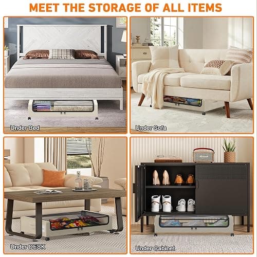 Under Bed Storage with Wheels, 2-Pack Under Bed Storage Containers with Clear Lids, XXL 60L Under the bed storage Organizer Bins, Rolling Under Bed Metal Drawer for Clothes,Shoes,Toys (White, 2 Pack) thumbnail 5