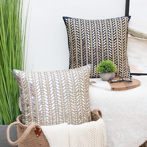 The White Petals Silver Grey Gold Throw Pillow Cover - Luxurious, Festive & Decorative (Sequinned, 18x18 inch, Pack of 1) thumbnail 6